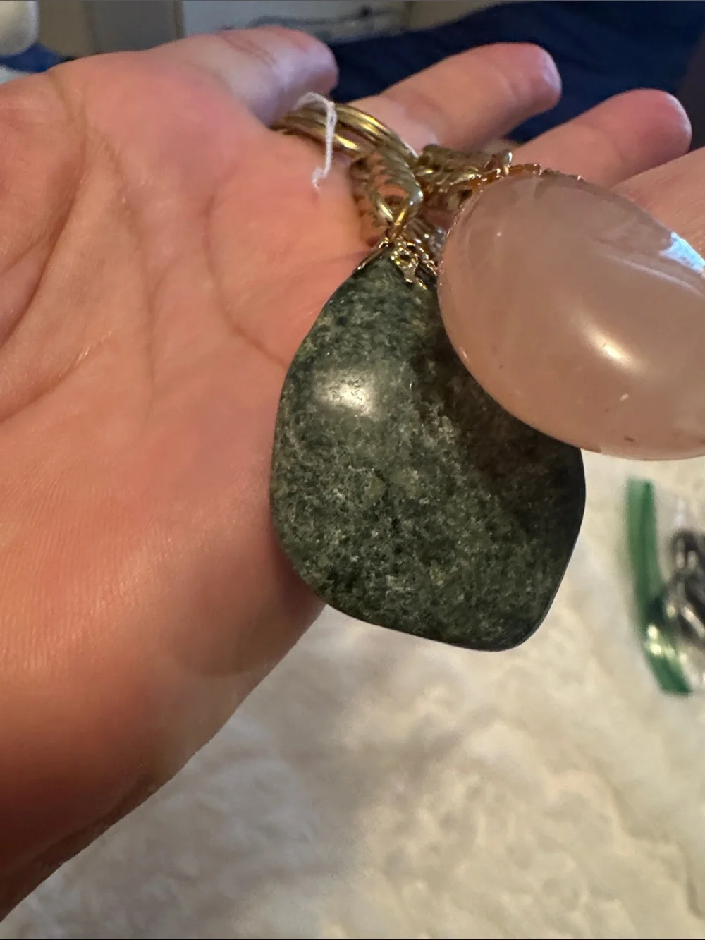 Gold-Chain Teardrop Stone Keychain - Pink and Dark Green